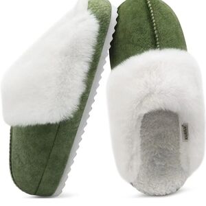 KuaiLu Women Fluff Green Faux Fur Lined Dual Memory Foam Slippers Ladies